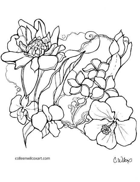 Tropical Flowers Coloring Page- Digital