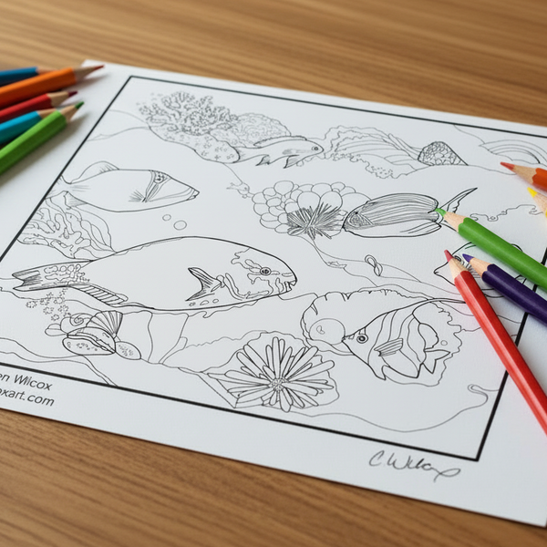 ⁠Hand-drawn Hawaiian reef line art coloring page featuring tropical fish and ocean life by Colleen Wilcox Art⁠