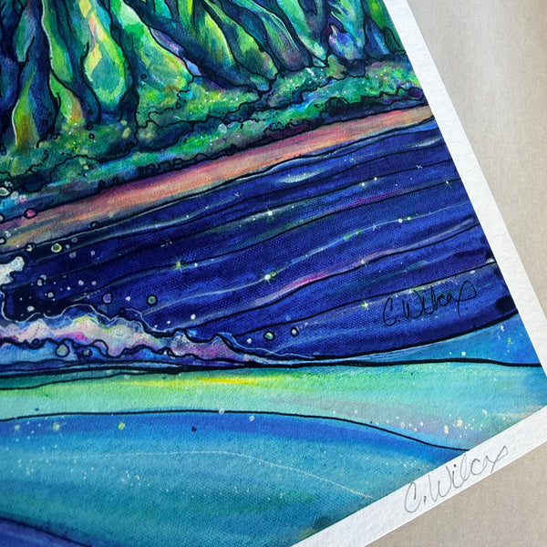 Colorful abstract painting with swirling patterns on a textured surface