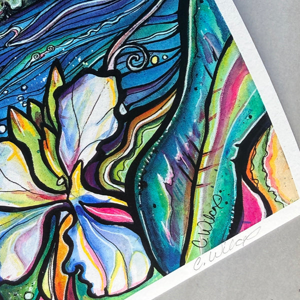 Colorful abstract artwork with swirling patterns on a gray background