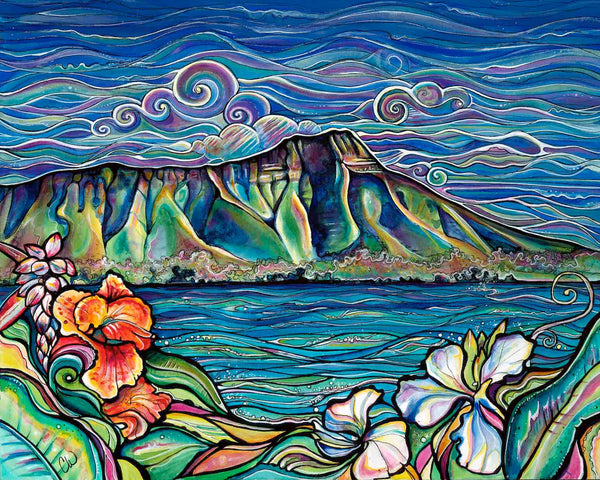 Colorful abstract landscape with Diamond Head landmark, flowers, and swirling patterns.