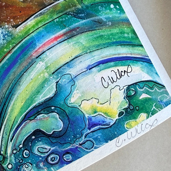 Colorful abstract painting with swirling patterns on a textured surface
