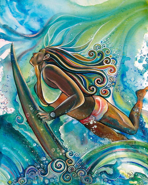 Colorful artwork of a surfer girl on a surfboard with swirling ocean designs.