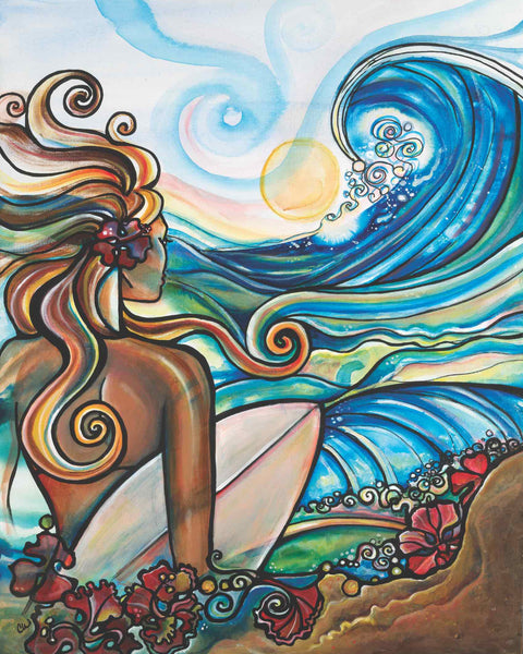 Colorful artwork of a woman with flowing hair and surfboard against a wave and sky background