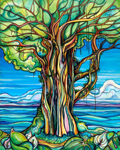 Colorful stained glass-style tree with a blue sky and water background