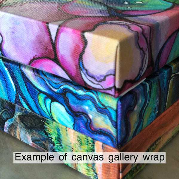 Colorful abstract painting on a canvas with text 'Example of canvas gallery wrap'.