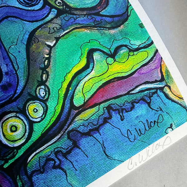 Colorful abstract artwork with a signature on a white background