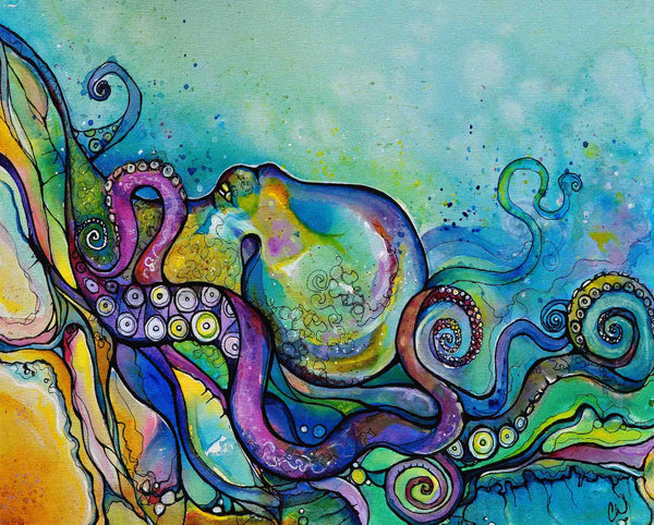Colorful abstract painting of an octopus with swirling patterns on a blue background