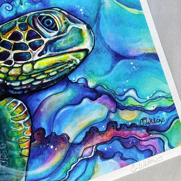 Colorful painting of a turtle with abstract oceanic elements