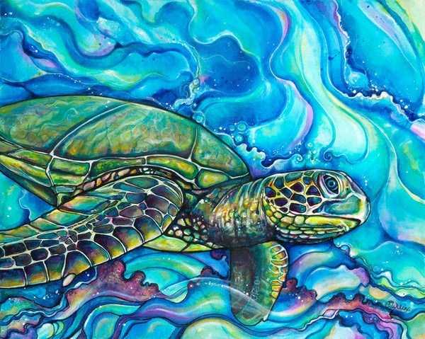 Colorful painting of a turtle swimming through wavy water