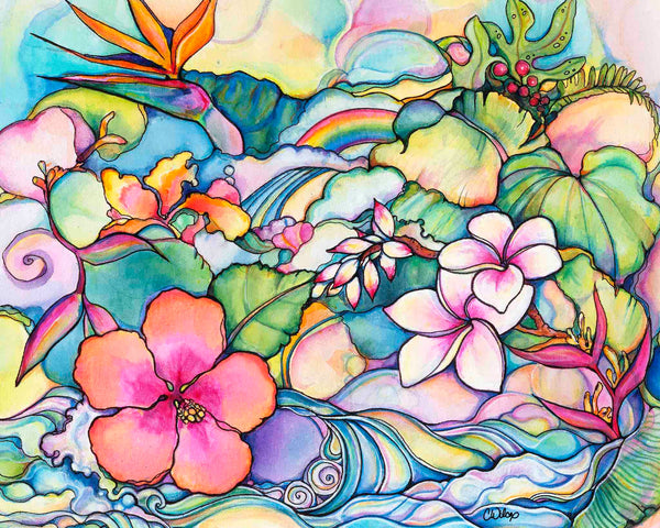 Colorful tropical scene with flowers, leaves, and a rainbow.