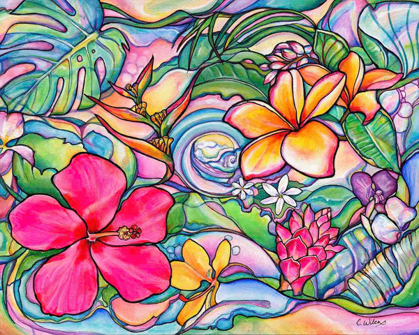 Colorful tropical floral artwork with vibrant flowers and leaves.