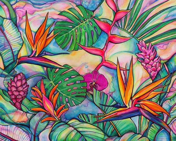 Colorful tropical plant painting with vibrant leaves and flowers