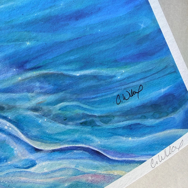 Artistic depiction of blue water with a signature at the bottom right corner.