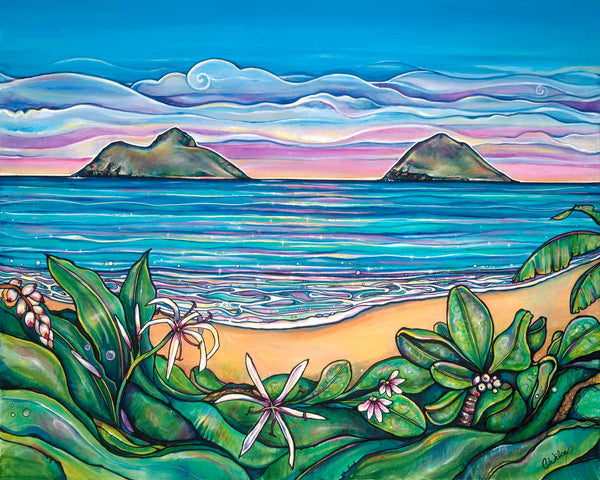Colorful painting of a coastal scene with mountains, ocean, and plants.