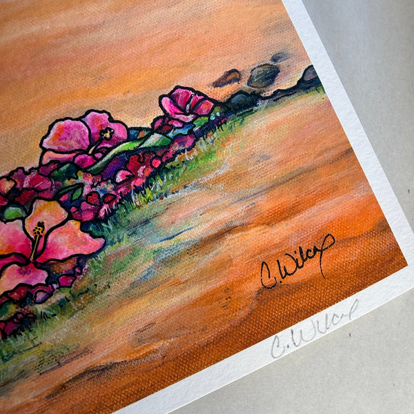 Colorful floral painting on textured paper with a signature