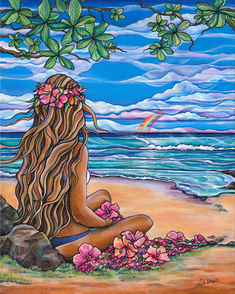 Colorful painting of a woman sitting on a beach with flowers, surrounded by ocean and rainbow.