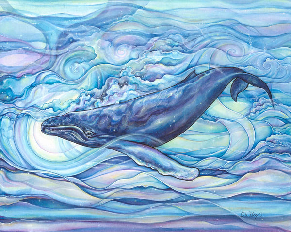 Whale swimming through wavy, multicolored water