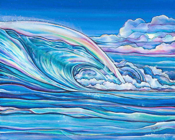 Colorful wave painting with a rainbow and cloud in the background
