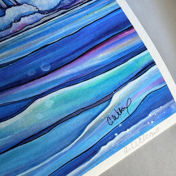 Artistic depiction of wavy blue and purple lines on a gray background