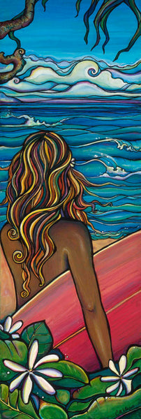 Artistic depiction of a woman on a surfboard with ocean and flowers in the background