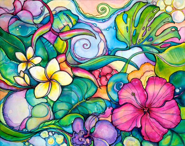 Colorful abstract artwork with flowers and leaves