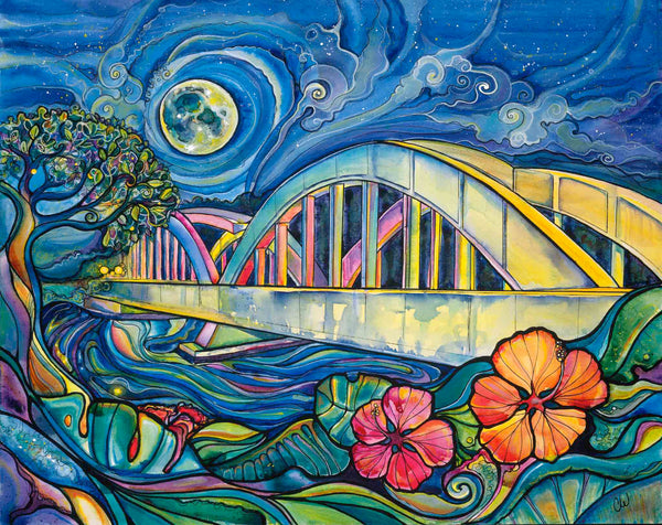 Colorful abstract painting of a bridge in Haleiwa, flowers, and moon.