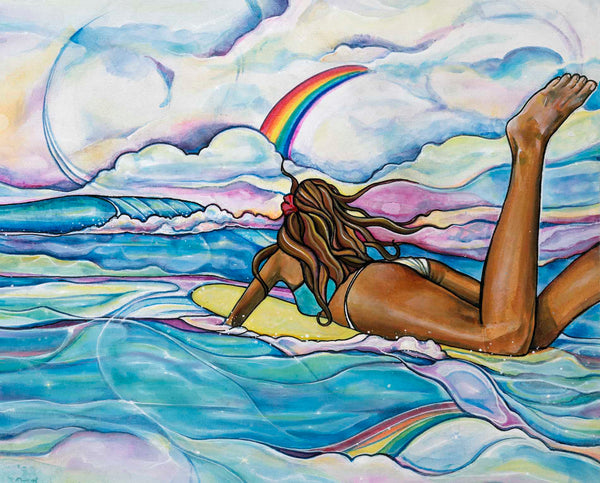 Woman on a surfboard with a rainbow in the sky, surrounded by colorful waves and clouds.