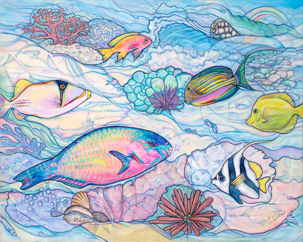 Colorful illustration of various fish and underwater plants on a blue background
