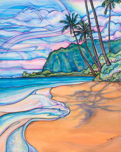 Colorful beach scene with palm trees and mountains in the background