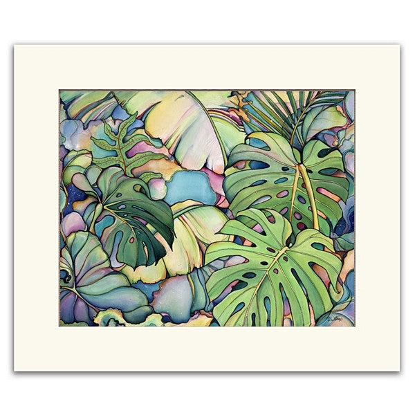 Painting named  Island Oasis with banana and monstera leafs
