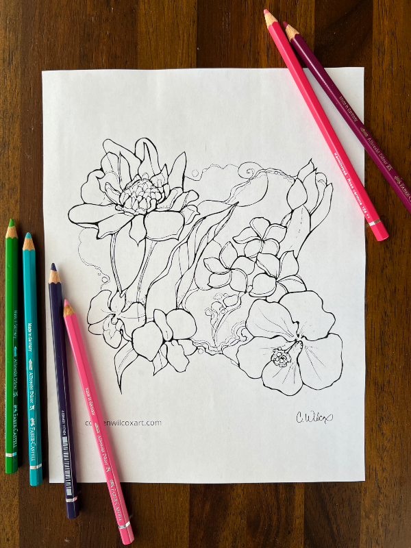 Tropical Flowers Coloring Page- Digital