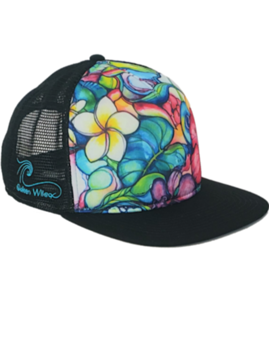 Trucker Hat. Tropical Flower Art Designed in Hawaii  display picture 1